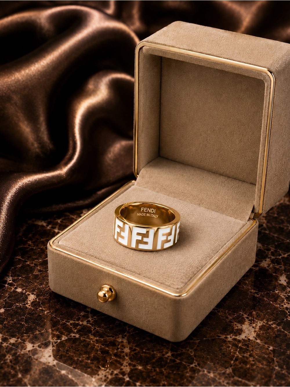 Gold Band Ring with White Enamel FF Motif